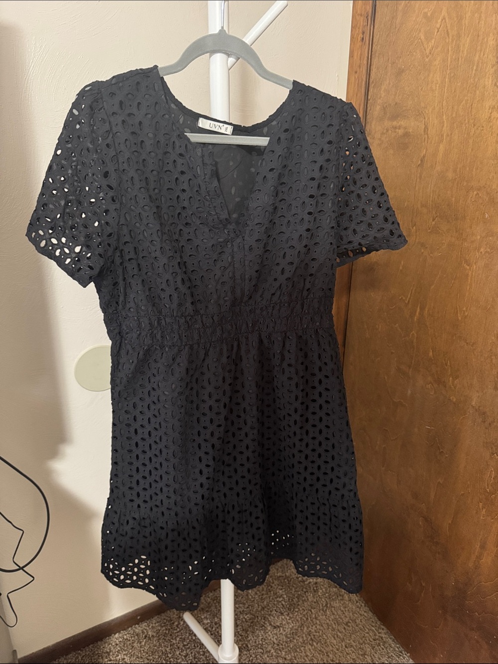Black Eyelet Short-Sleeve Peplum Top